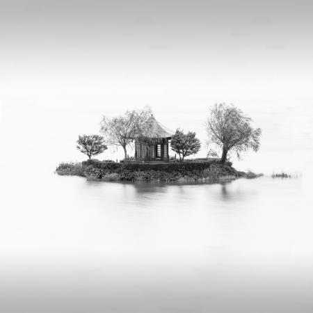 A pavillion on an island on lake Kawaguchi, Japan