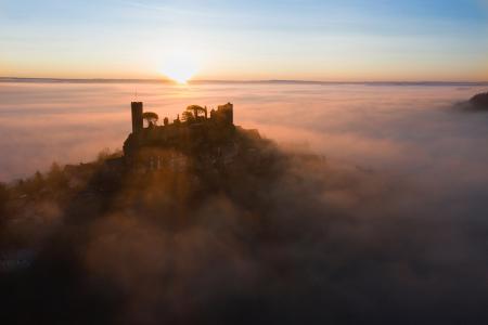 Aerial view of Turenne at sunrise, Correze, France