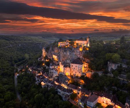 Rocamadour illuminated at sunset, Lot, France