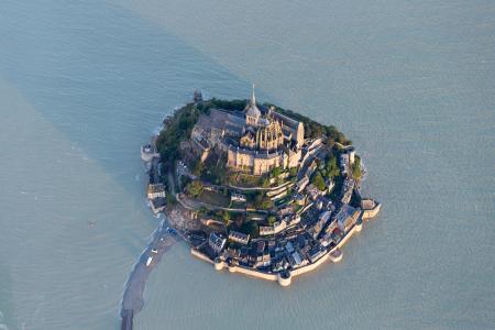 Aerial view of Mont Saint Michel at high tide, Normandy, France