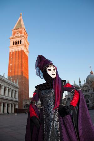 Striking costume in front of the Campanile, Venice Carnival